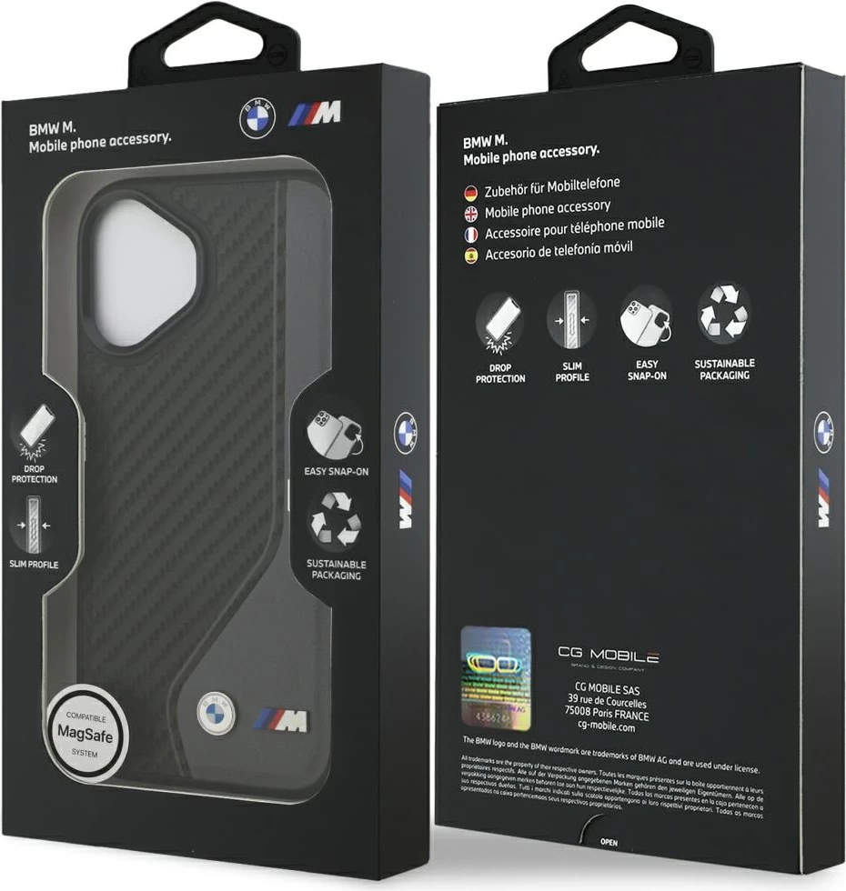 Mbështjellës MagSafe BMW M Carbon Logo për iPhone 17, karbon/eko-lëkurë, Gri (anthracite), në kuti
