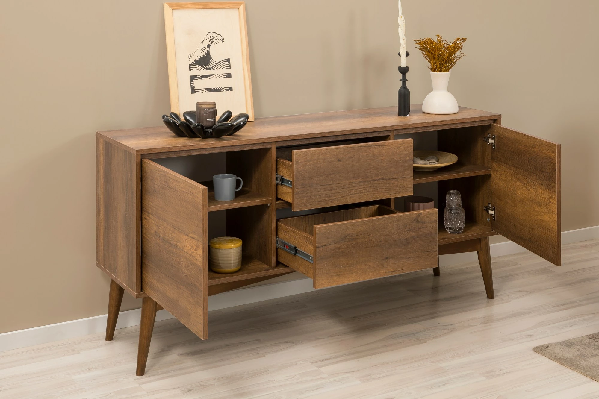 Set tavolinë me karrige dhe konsol, zgjatues, 5 pjesë, Skye Decor, Vina 02 0701, ngjyrë arre, gri
