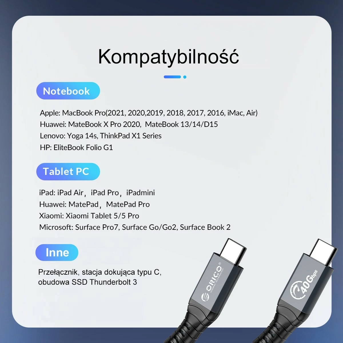 Kabllo Thunderbolt 4 Orico USB-C, 2 m, 40 Gbps, 8K@60Hz, PD 100W, gri
