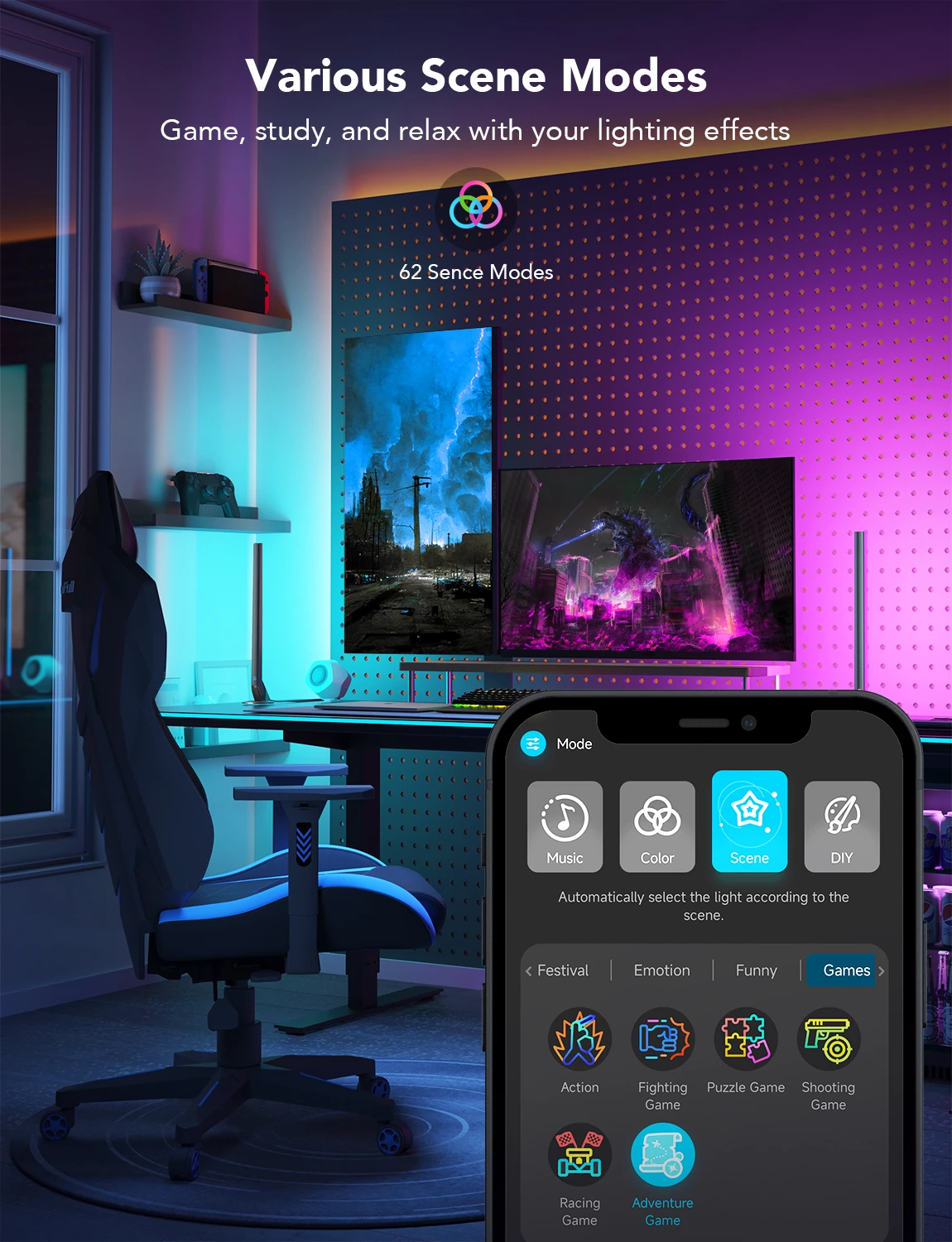 Shufra ndriçimi gaming Govee RGBIC Gaming Light Bars Wi‑Fi/Bluetooth, me kontrollor smart, set 2 copë, e zezë