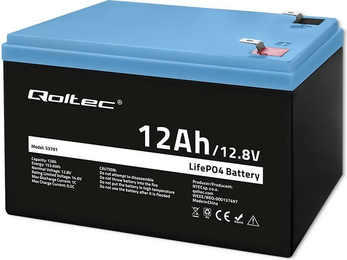 Bateri LiFePO4 Qoltec 53701, 12.8V, 12Ah, 153.6Wh, me BMS