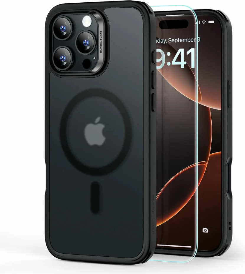 Mbështjellës ESR Classic Hybrid HaloLock MagSafe me xham të temperuar për iPhone 16 Pro Max, gjysmë-transparent me kornizë të zezë, set