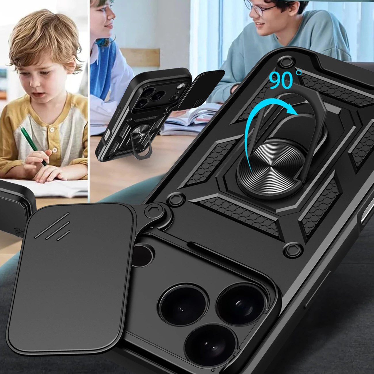 Mbështjellës Hurtel Hybrid Armor Camshield për iPhone 17 Pro, me qëndrim dhe kapak kamere, i zi