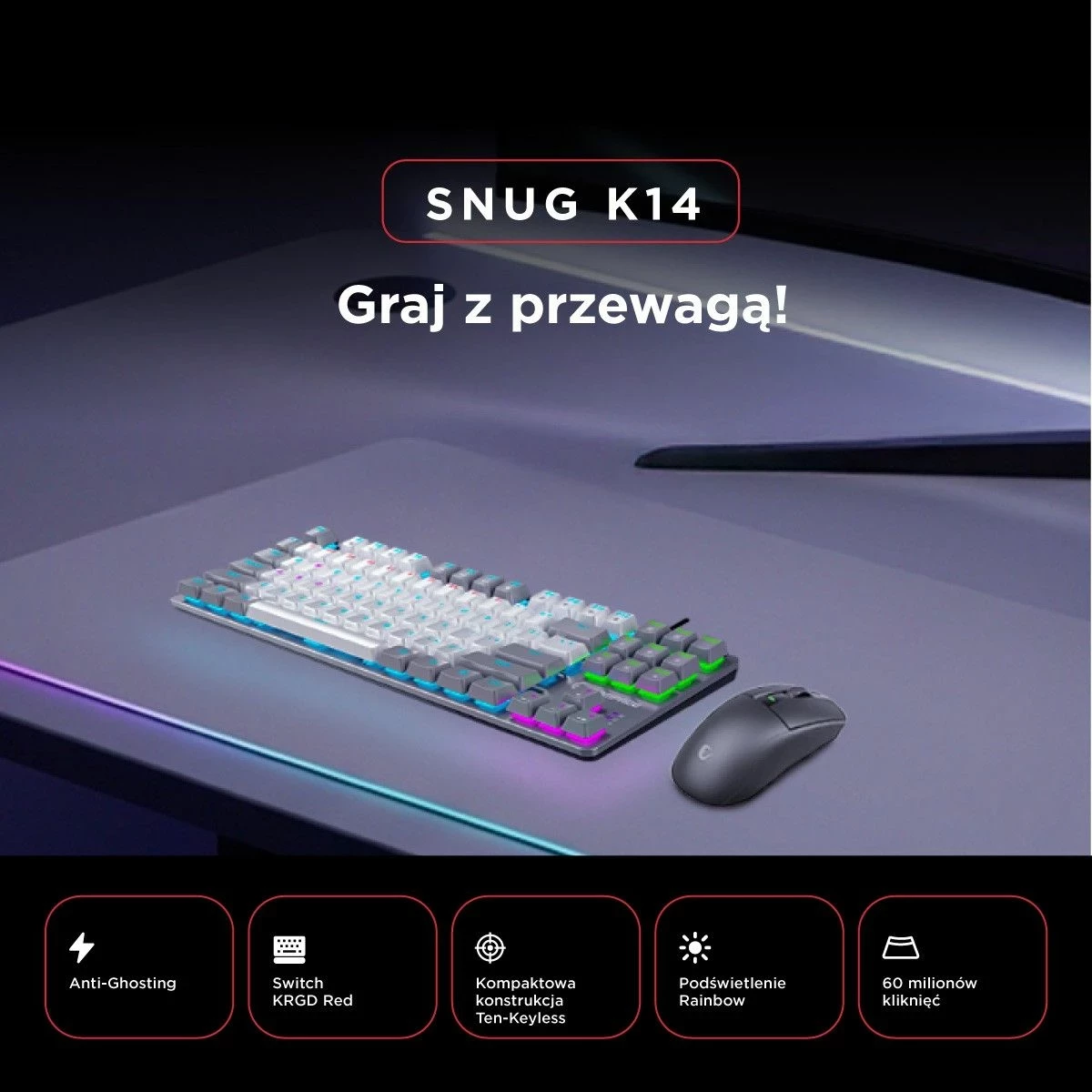 Tastierë mekanike gaming Rampage Snug RGB KRGD Red, 80%, anglisht, bardhë-gri