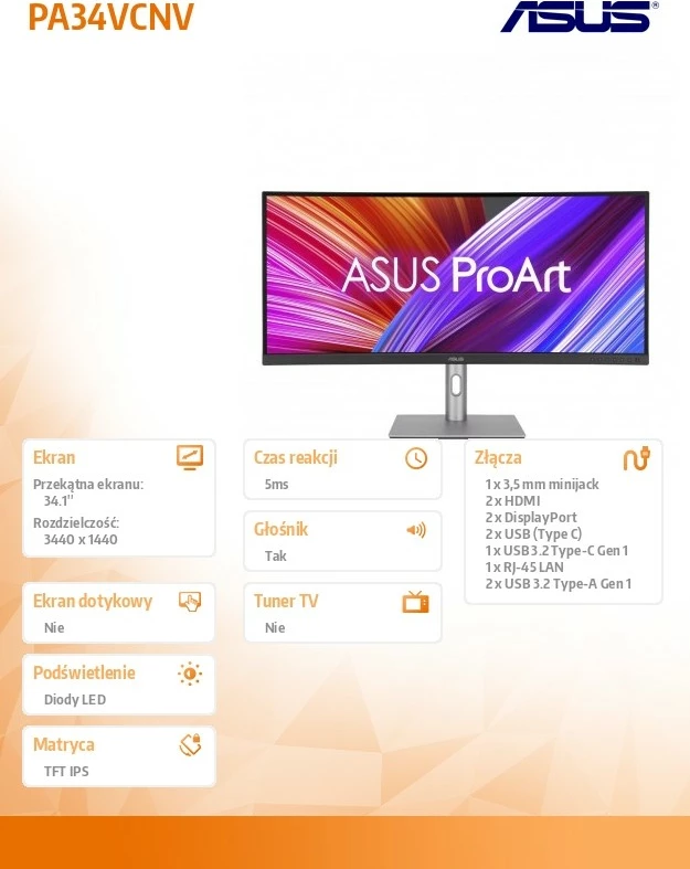 Monitor Asus PA34VCNV, 34.1", IPS, 3440x1440, i zi/argjendtë, i lakuar
