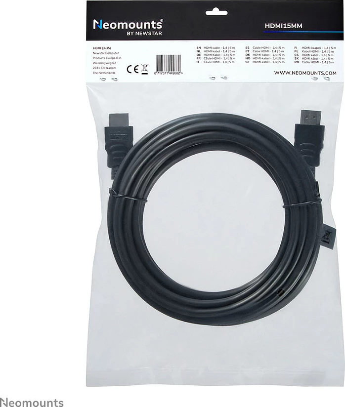 Kabllo HDMI Neomounts HDMI15MM, 5 m, 10.2 Gbit/s, e zezë
