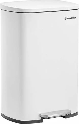 Kosh mbeturinash me pedal metalik SONGMICS LTB101W01V1 50 L me kovë të brendshme mbyllje e butë, i bardhë