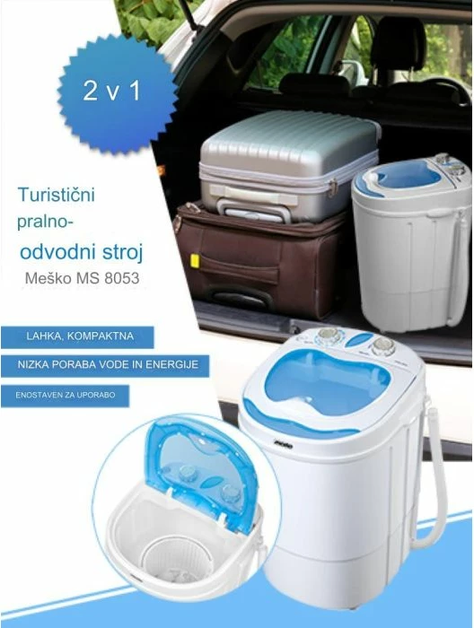 Mini lavatriçe kampingu Mesko MS 8053, 3 kg, me shtrydhje 1 kg, program 15 min, 150 W, bardhë