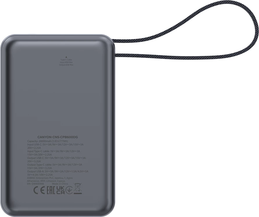 Power bank CANYON OnPower 600 20000 mAh PD 65W me kabllo Type-C të integrume, gri e errët