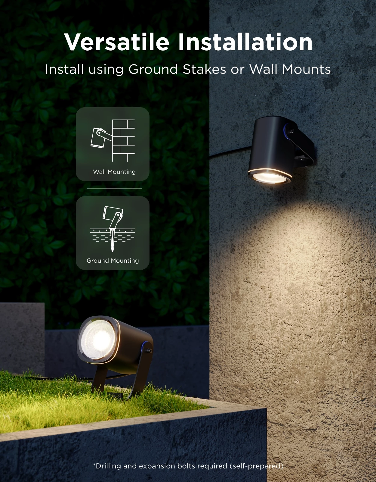 Reflektorë LED të jashtëm Govee Outdoor Spotlights 2, RGBWIC 16M ngjyra, IP67, Matter/Alexa/Google, 2 copë, të zeza