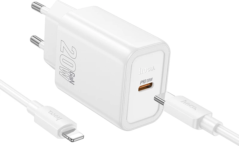 Karikues USB-C HOCO N60 20W GaN PD, me kabllo Type-C në Lightning 1m, bardhë, set 2 copë