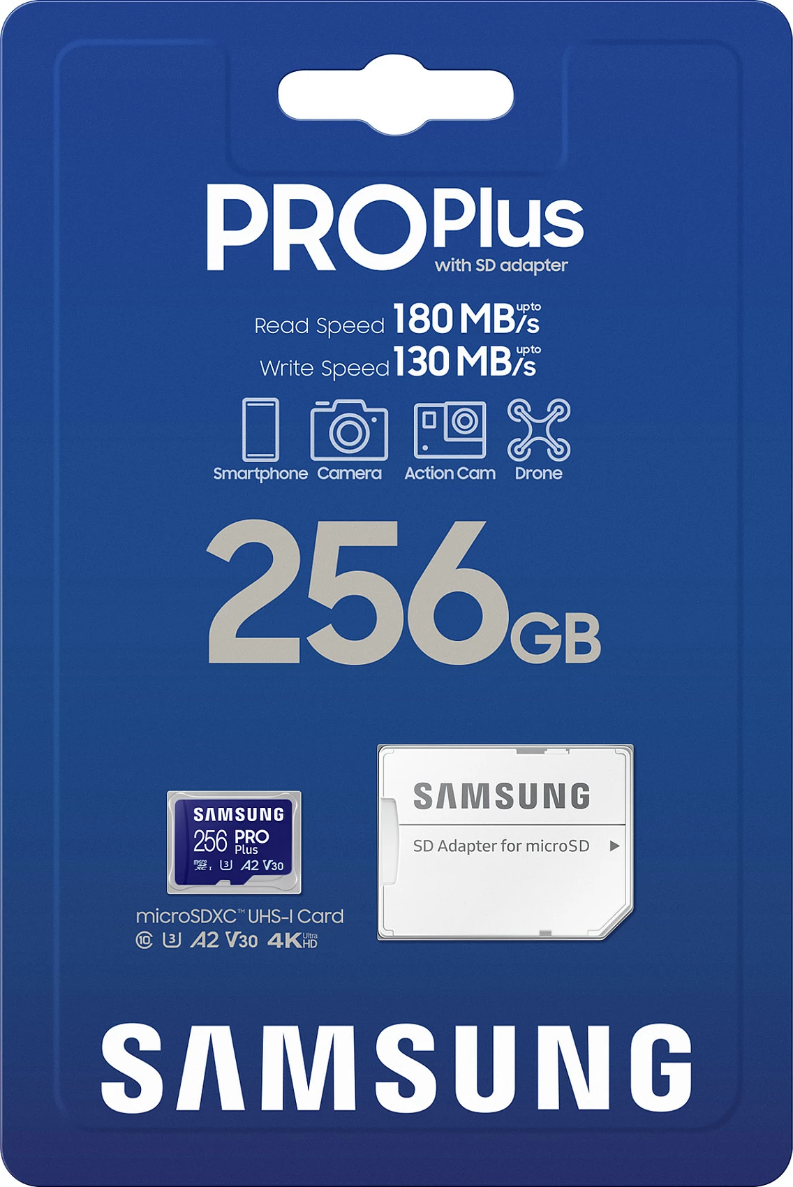 Kartelë MicroSD Samsung PRO Plus MB-MD256SA/EU, 256 GB, Klasë 3, UHS-I, 180 MB/s, 130 MB/s, Blu