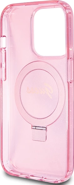 Mbështjellës Guess Ring Stand Script Glitter MagSafe për iPhone 15 Pro, Rozë