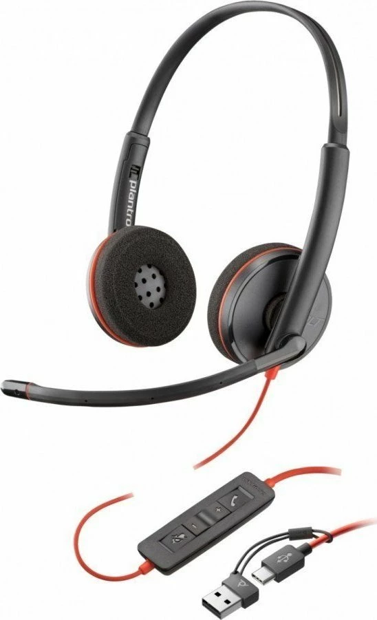 Kufje Poly Blackwire 3220 (8X228AA), me mikrofon, USB-C me adapter USB-A, kabllo 1.6 m, kontroll në kabllo, e zezë