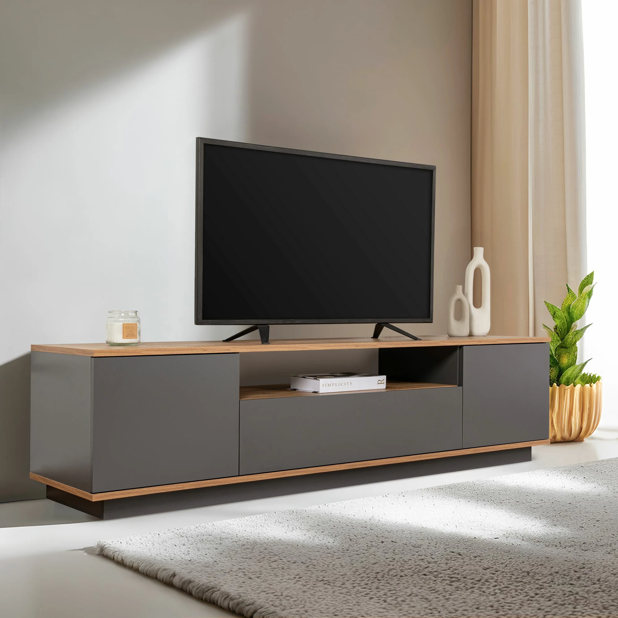 Komodë TV Skye Decor, ngjyrë antracit dhe pishë atlantike, Veramont