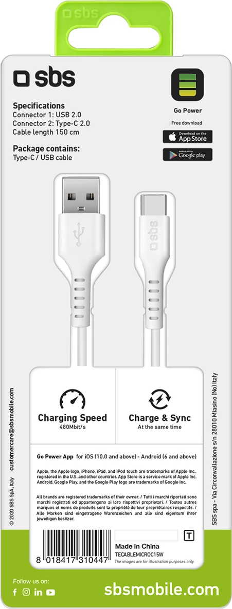 Kabllo USB-A në USB-C SBS TECABLEMICROC15W, 1.5m, Bardhë