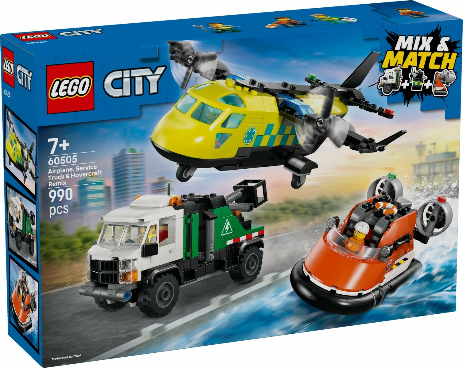 Set blloqe LEGO City 60505 avion, kamion shërbimi me vinç dhe hovercraft, 990 pjesë