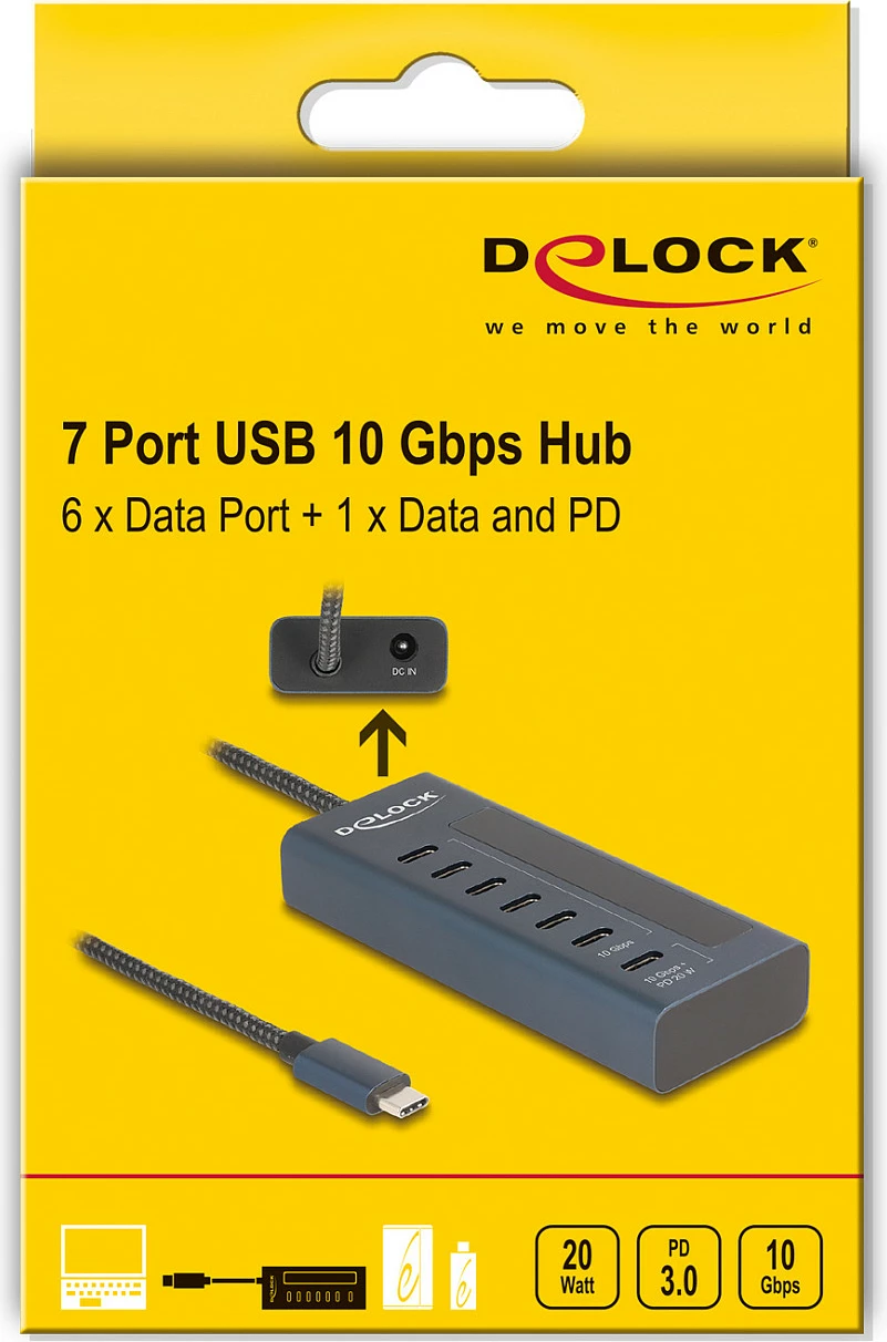 Hub USB-C DeLOCK 10 Gbps, 7x USB Type-C, PD 20W, blu