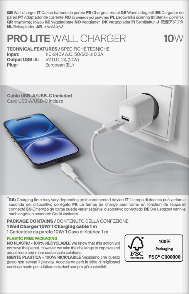 Karikues muri Puro PROLITE 10W me USB-A dhe kabllo USB-A në USB-C 1.2m, Bardhë