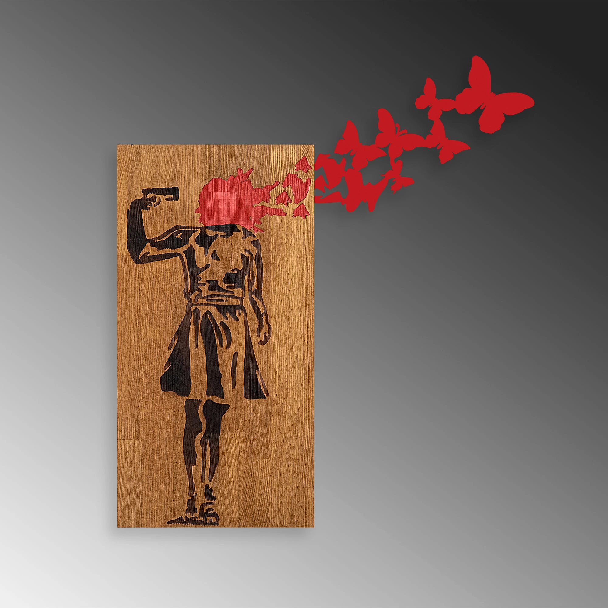 Aksesor dekorativ prej druri për mur, Wallity Banksy - 16, ngjyrë arre dhe e zezë, 99x34cm