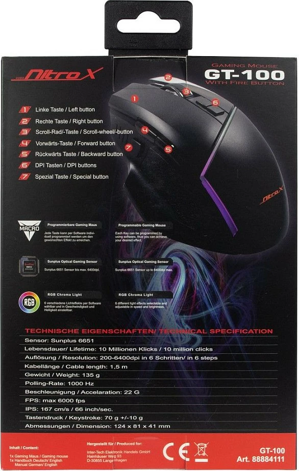 Maus gaming Inter-Tech AC GT-100, me kabllo, me ndriçim LED, i zi