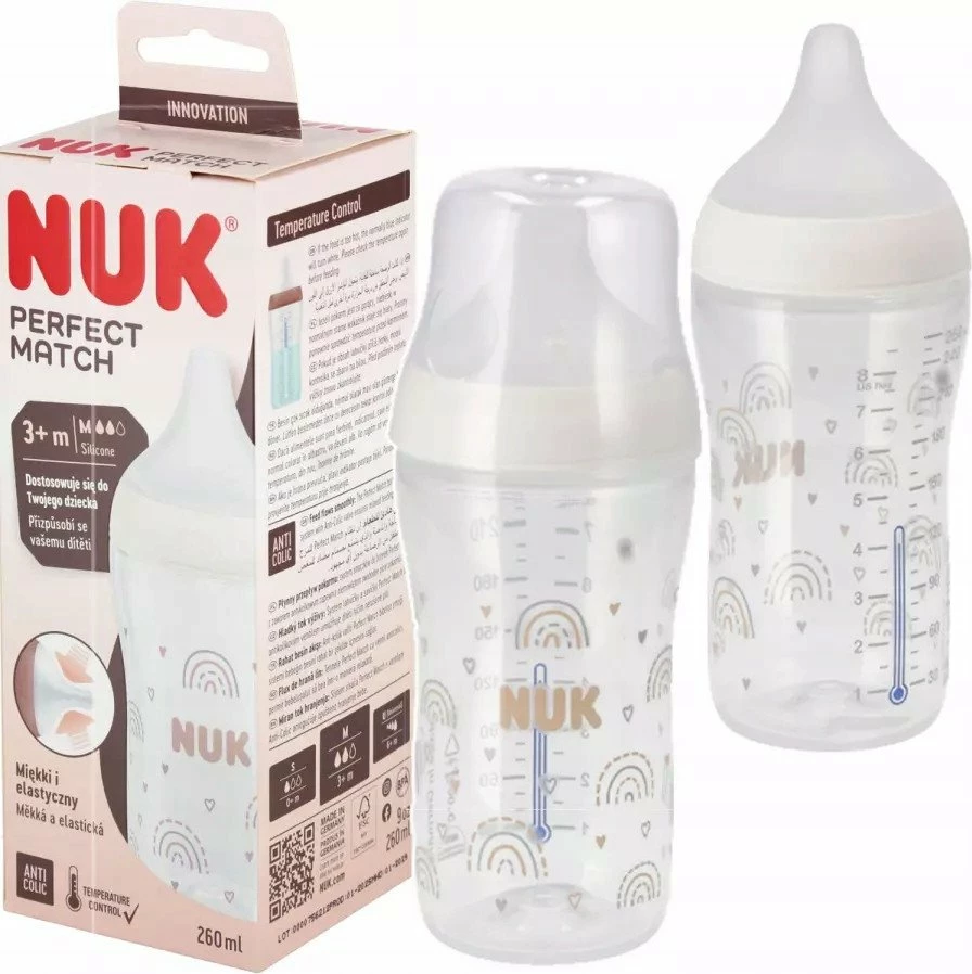 Biberon NUK Perfect Match 10742026 260 ml, thithë silikoni medium, e bardhë