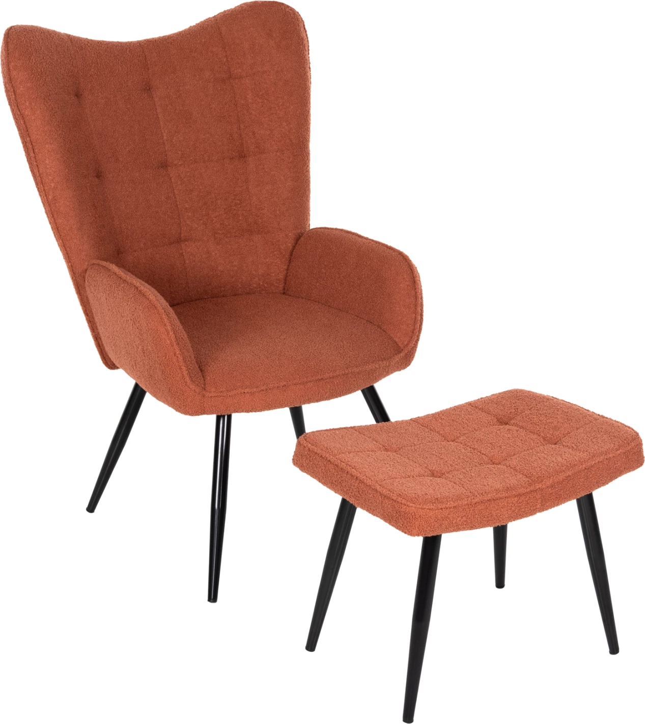 Karrige me mbështetëse këmbësh CRAWLEY FH8918.22, pëlhurë boucle portokalli, këmbë metali të zeza, 70x74x105H cm