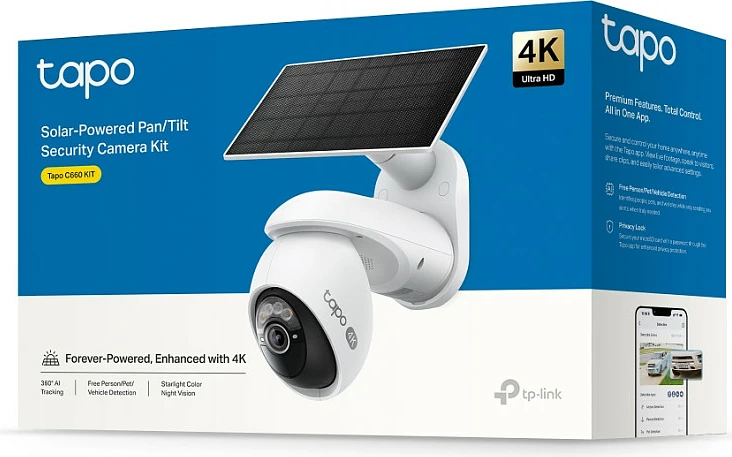 Kamerë sigurie TP-Link Tapo 4K 8MP Pan/Tilt, bateri 10000mAh, panel solar, IP65, e bardhë