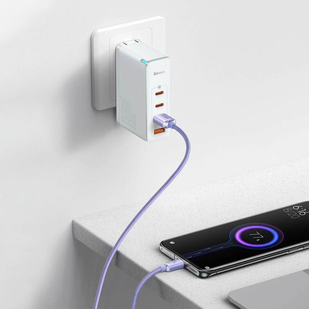 Kabllo për karikim të shpejtë Baseus Crystal Shine Series, USB-A në USB-C, 2m, 100W, vjollcë