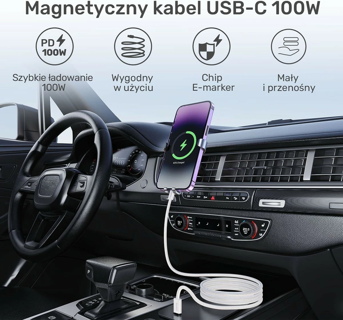 Kabëll Unitek USB-C PD 100W 1m, bezhë