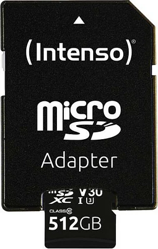 Kartelë memorie microSDXC Intenso 512GB UHS-I U3 V30, 100MB/s, me adapter SD, e zezë