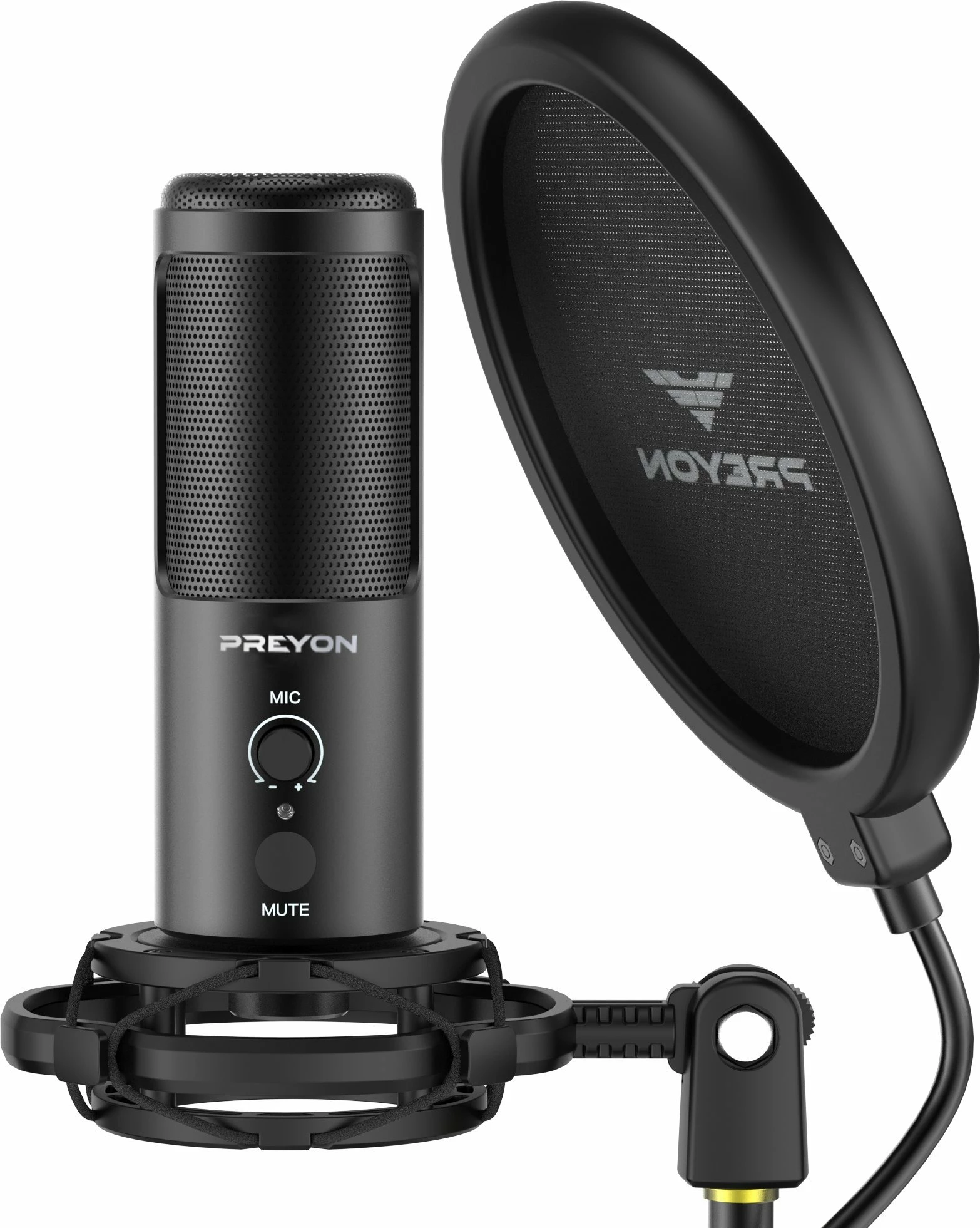 Mikrofon PREYON Buzzard Scream PBS43B, USB-C/3.5mm, kardioid, me stand dhe pop filter, i zi