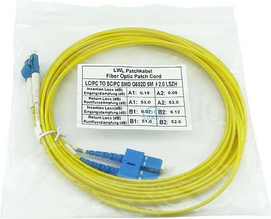Kabllo patch fiber optike BlueOptics LWL LC/SC, Single-Mode OS2 G.652.D, 1m, LSZH, e verdhë