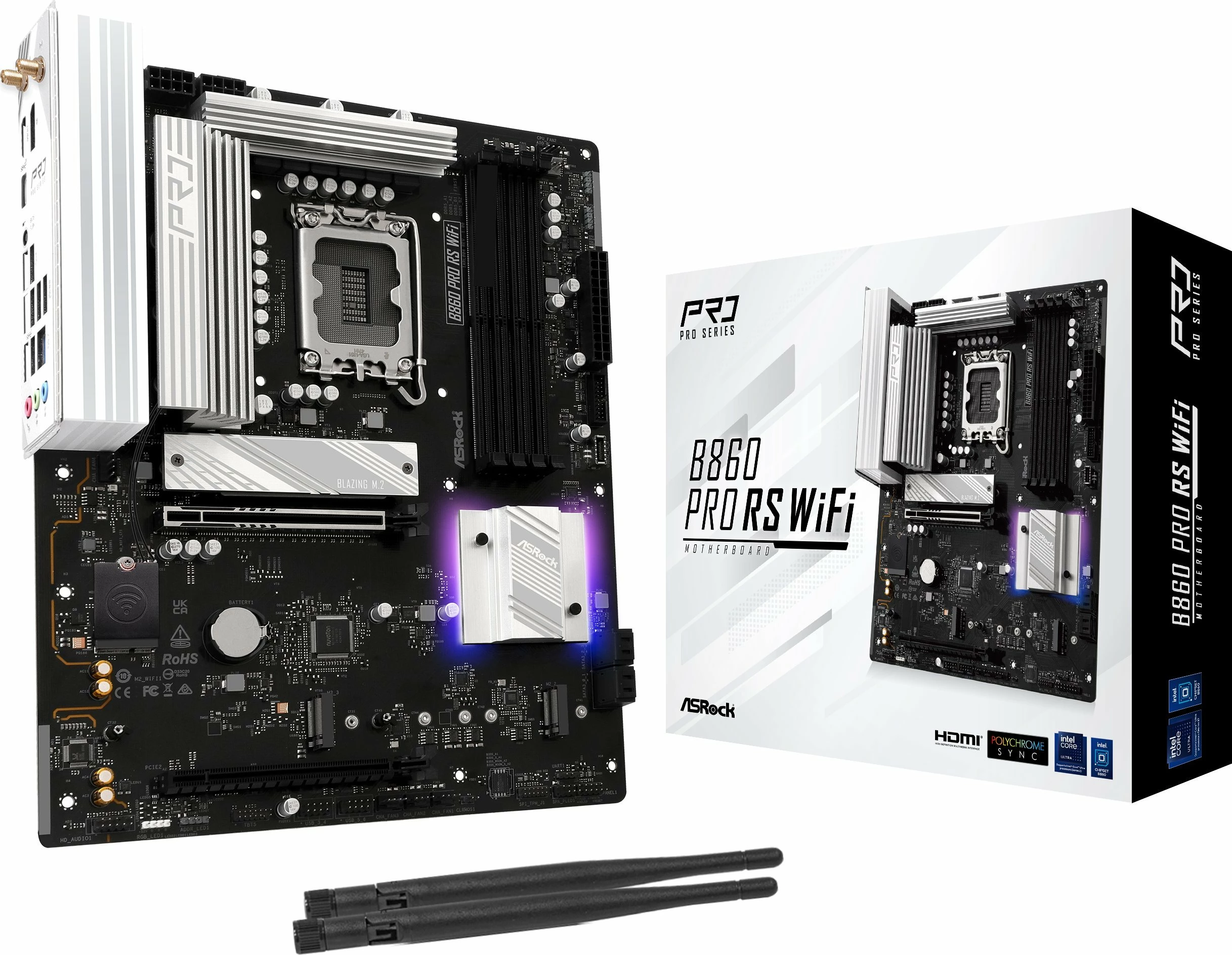 Pllakë amë ASRock B860 Pro RS WiFi, ATX, DDR5 deri 256GB, Wi‑Fi 6E, Bluetooth, e zezë/argjend