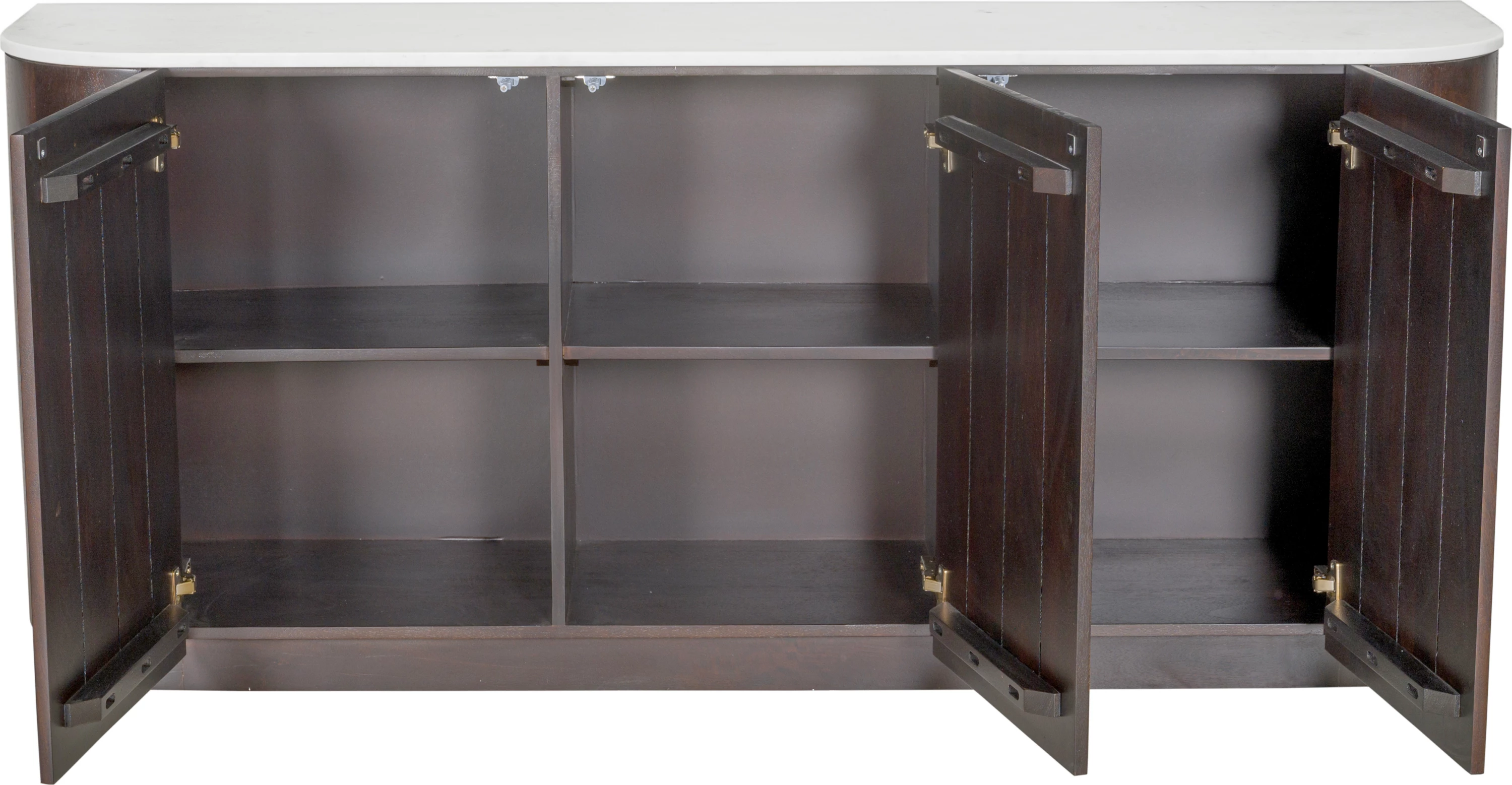 Komodë anësore Marron, 3 dyer, ngjyrë kafe e errët, e bardhë me model mermeri, 170x40x75cm