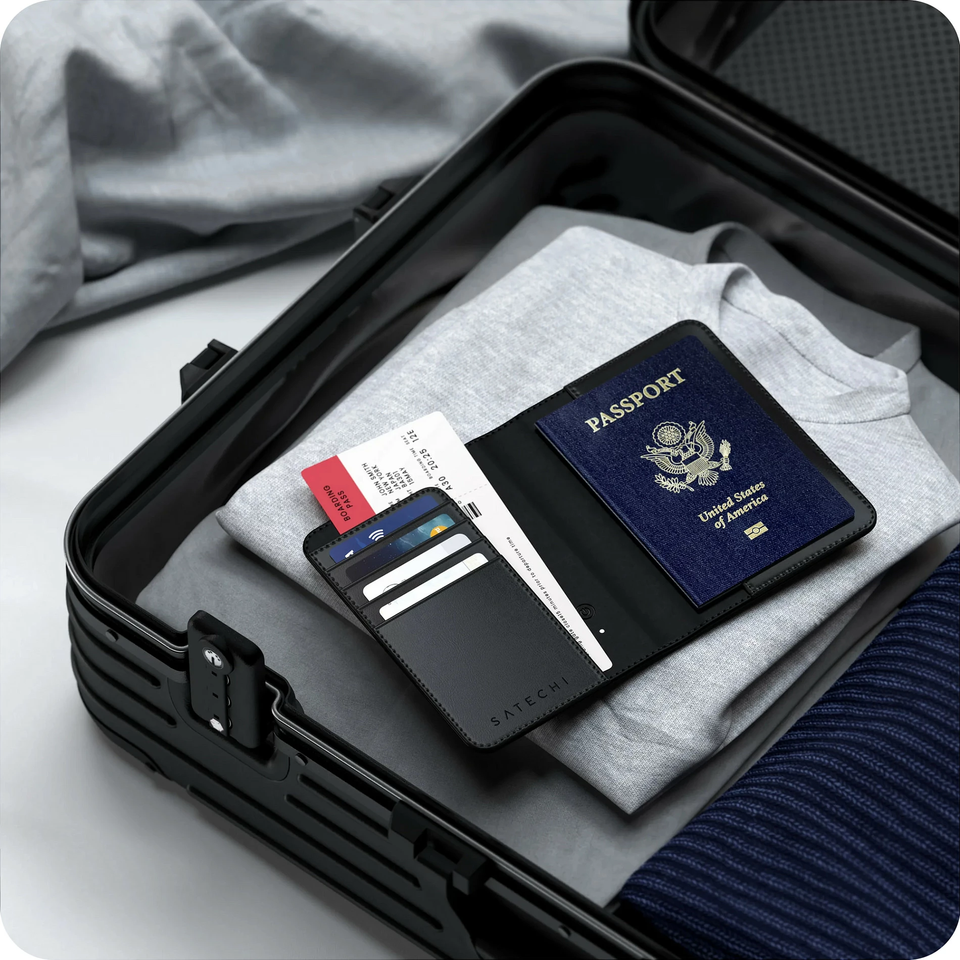 Kuletë pasaporte Satechi Vegan-Leather me Find My, e zezë