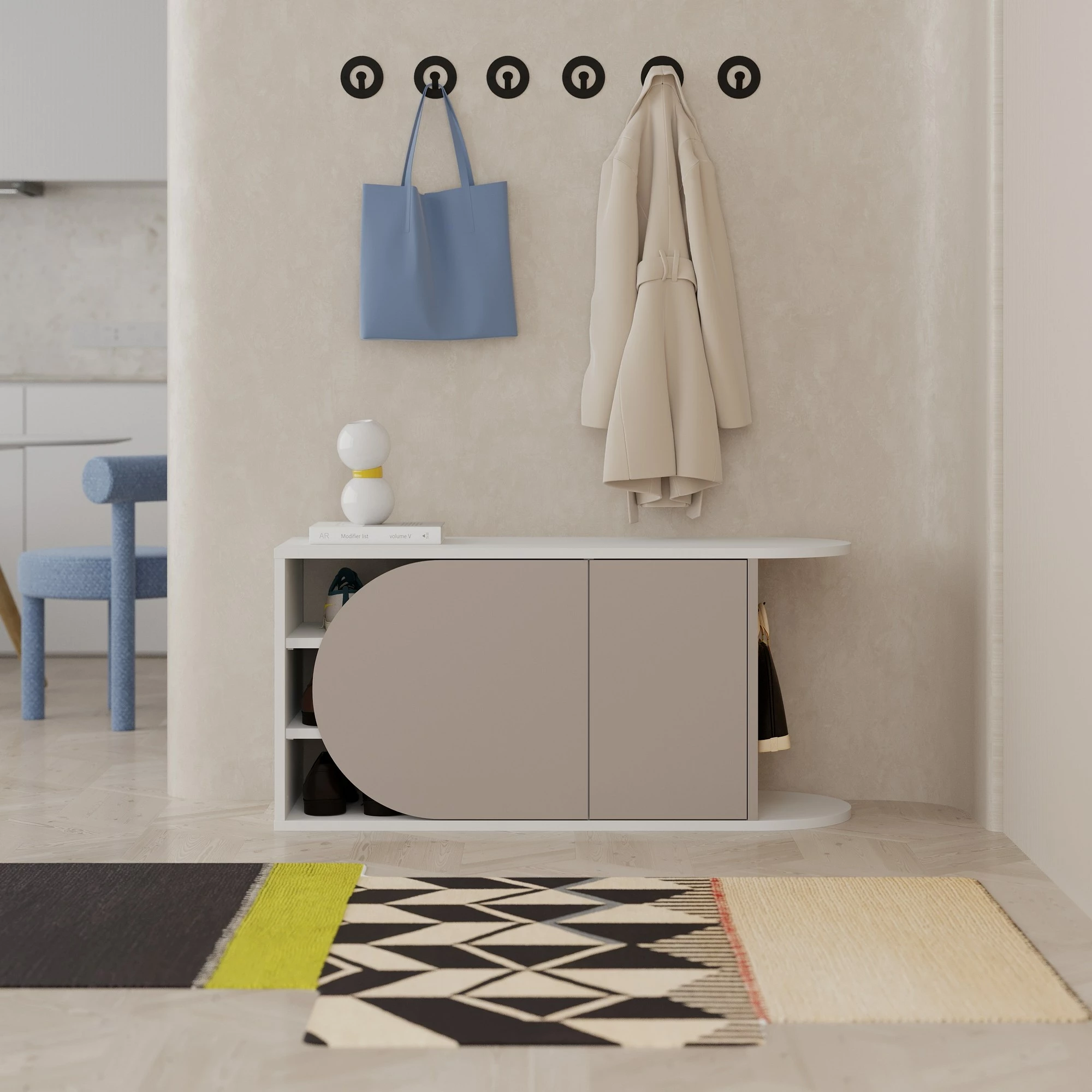 Dollap këpucësh me ulëse, Skye Decor, ngjyrë e bardhë dhe moka e çelët