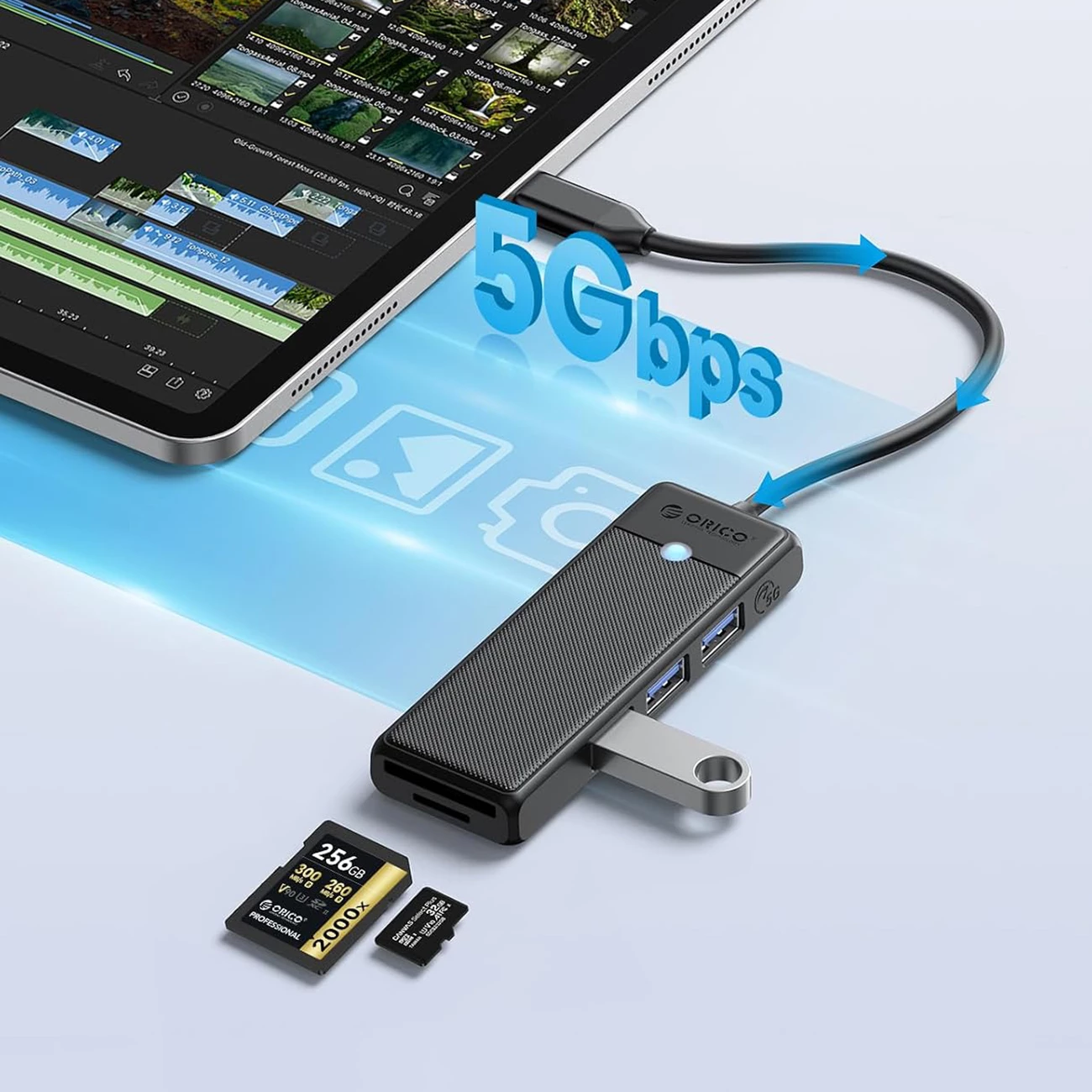 Hub USB Orico PAPW3AT-C3, 3x USB-A 3.0 + lexues SD/microSD, USB-C, kabllo 0.15 m, i zi