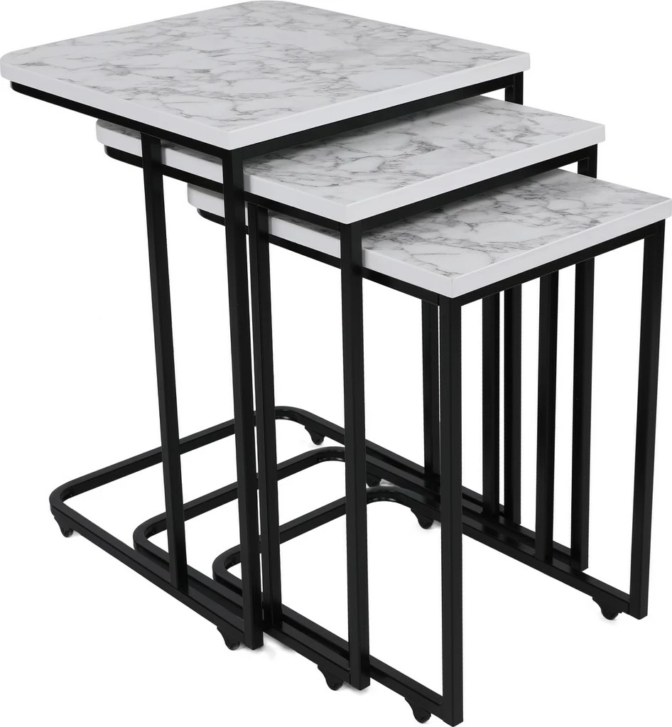 Set tavolinash ndihmëse të mbivendosura, 3 copë, Hanah Home, metal, sipërfaqe MDF, e bardhë/zezë, 9404