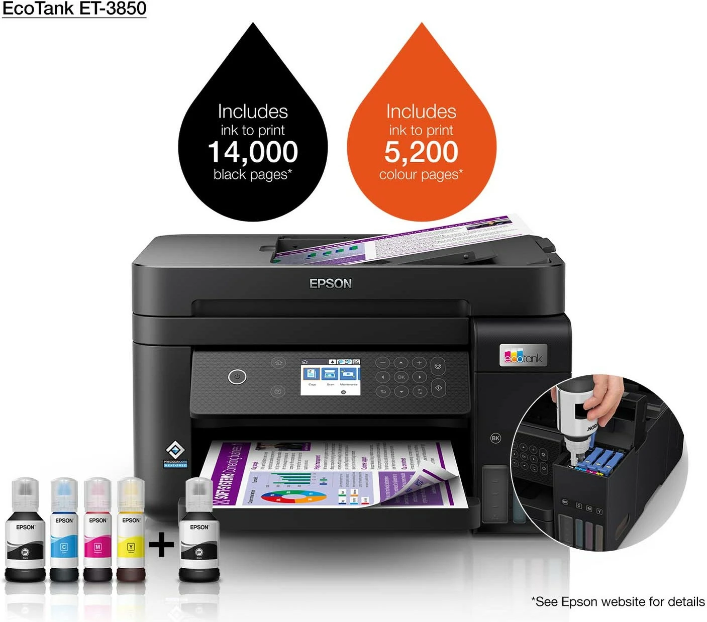 Printer multifunksional Epson EcoTank ET-3850, ngjyrë, A4, Wi-Fi, LCD, i zi