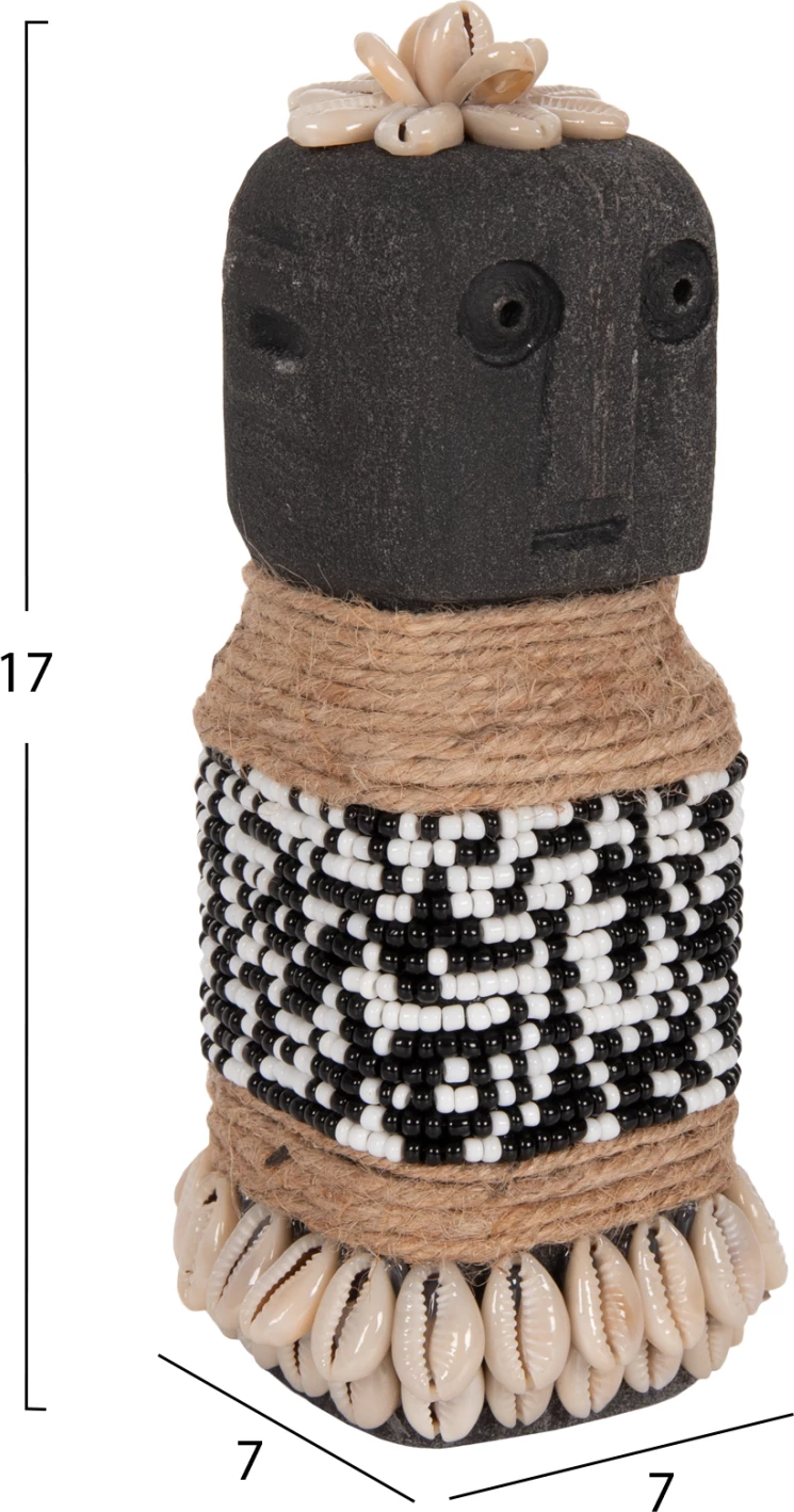 Statujë tavoline SUMBA FH4311 prej guri të zi Paras, me rruaza dhe litar Seagrass, 7x7x17H cm