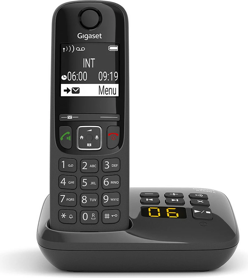 Telefon DECT pa kabllo Gigaset AS690A, sekretare digjitale 20 min, speakerphone, libër telefoni 100 kontakte, i zi