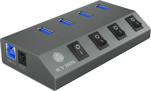 Hub USB ICYBOX IB-HUB1405, 4x USB-A 3.0, switch individual për secilin port, BC 1.2 karikim 2.4A, i furnizum me adaptor rryme, 5 Gbit/s, antracit, set me kabllo & adaptor