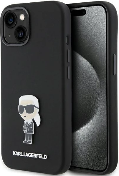 Mbështjellës Karl Lagerfeld Silicone Ikonik Metal Pin për iPhone 15, i zi