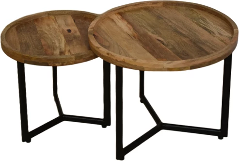 Set tavolinash kafeje Kelly, 2 copë, dru mango natyral, këmbë metalike të zeza