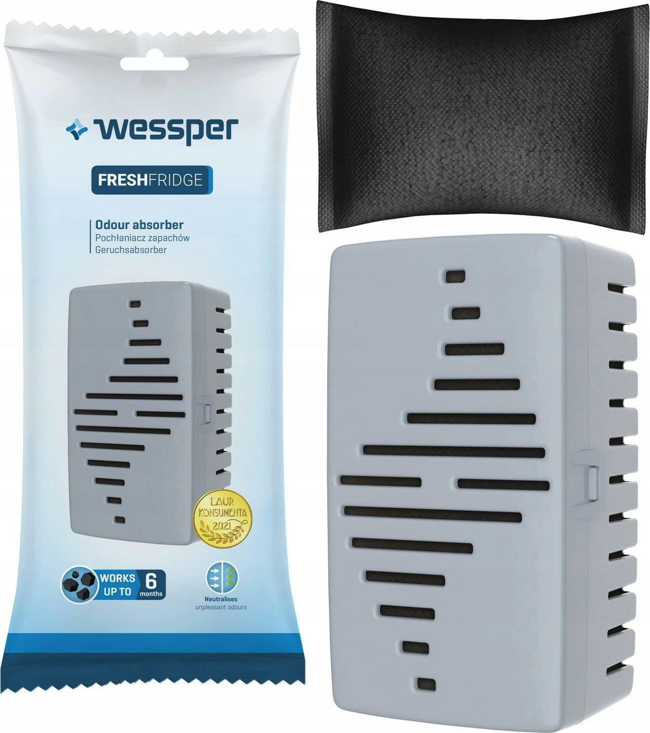 Absorbues aromash për frigorifer Wessper FreshFridge+Insert, filtër qymyr aktiv, deri 6 muaj, bardhë, me insert zëvendësues