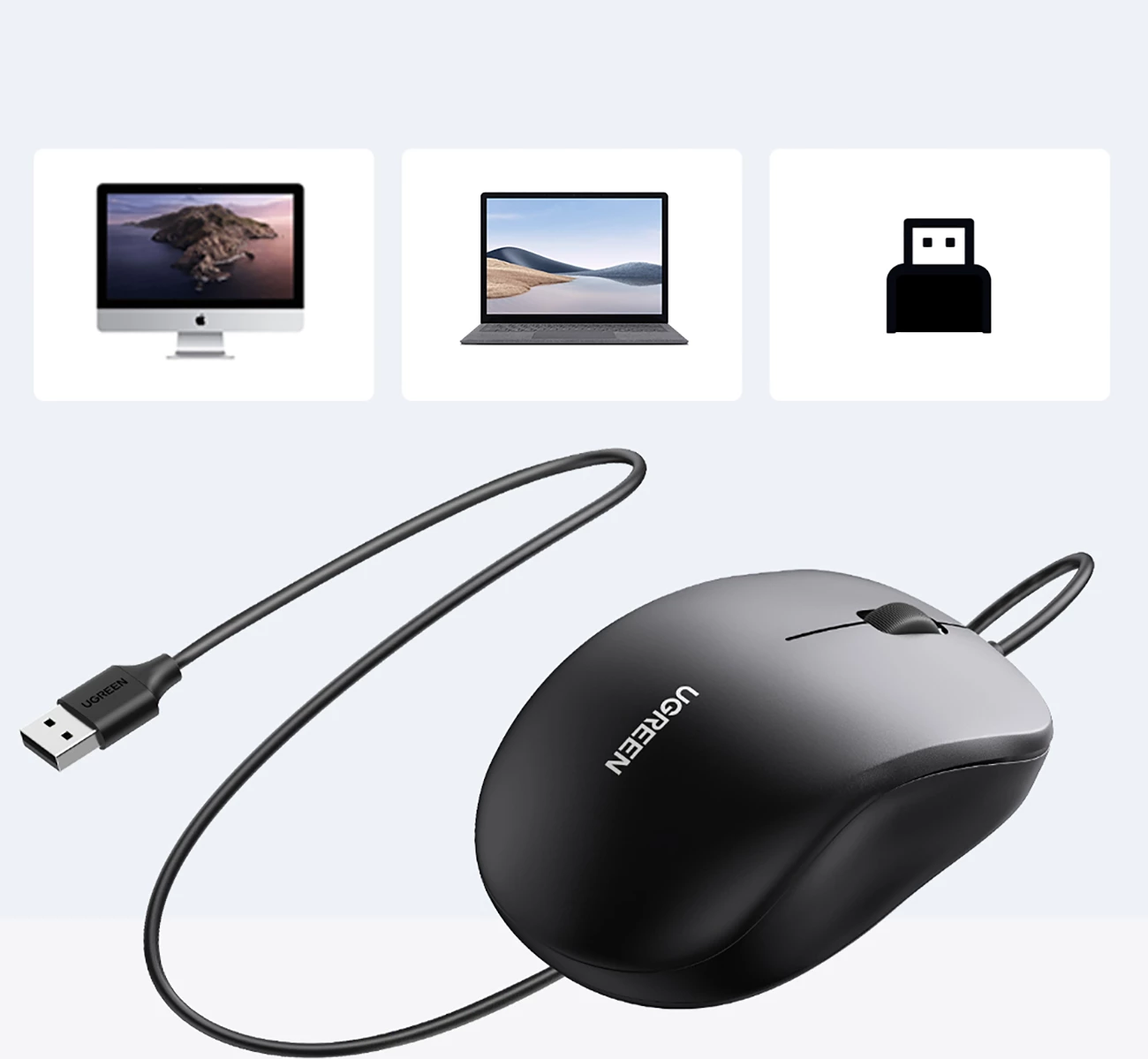 Maus me kabllo Ugreen 90789 1200 DPI, USB 1.5 m, i zi, në kuti