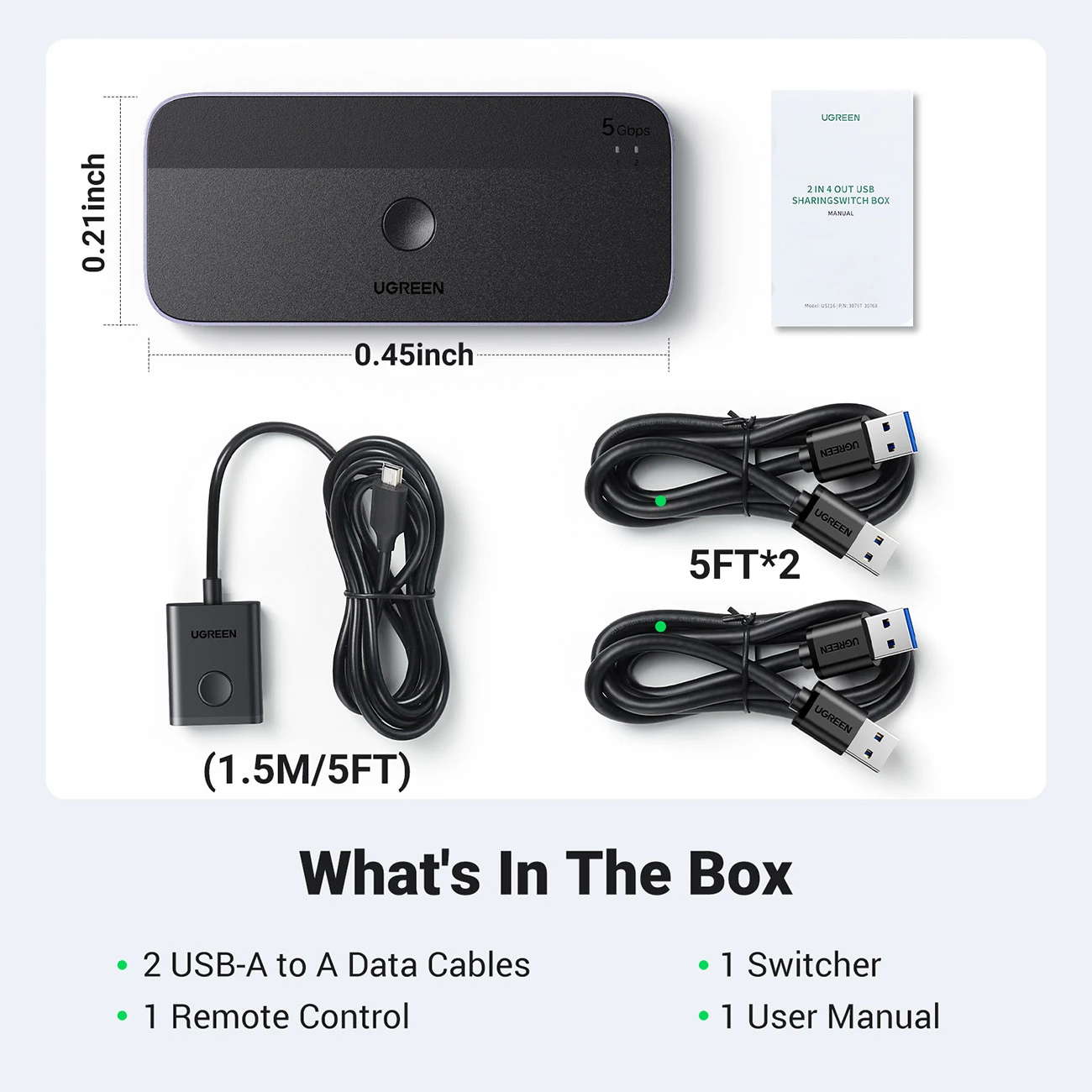 Switch USB 3.0 Ugreen CM662, 2-në-4, me 2 kabllo USB-A, e zezë