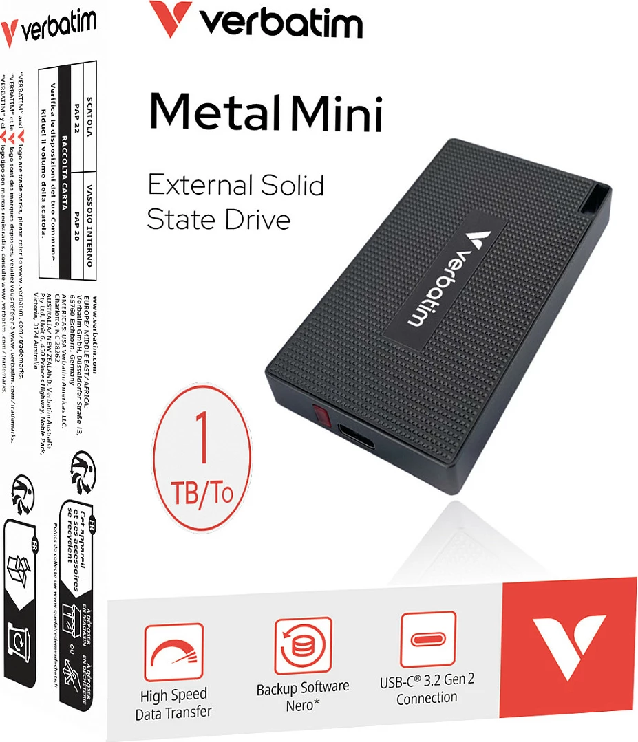 SSD i jashtëm Verbatim Metal Mini 1TB, USB-C 3.2 Gen 2x2, 2000MB/s, gri
