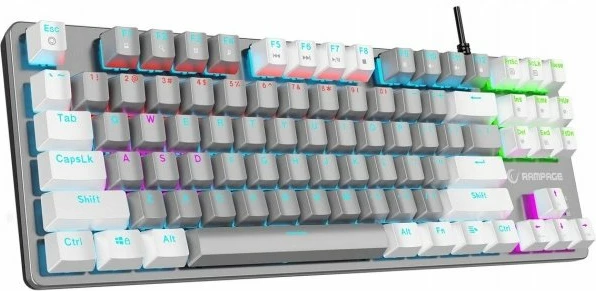 Tastierë gaming mekanike Rampage Snug RGB KRGD, TKL 87 taste, KRGD Red Switch, USB, RGB, US layout, gri/bardhë
